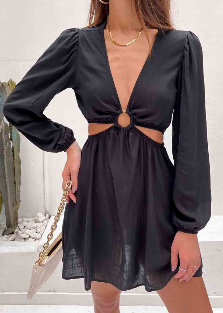 Vestido corto manga larga con aro en escote y aberturas color negro para mujer - Flashy