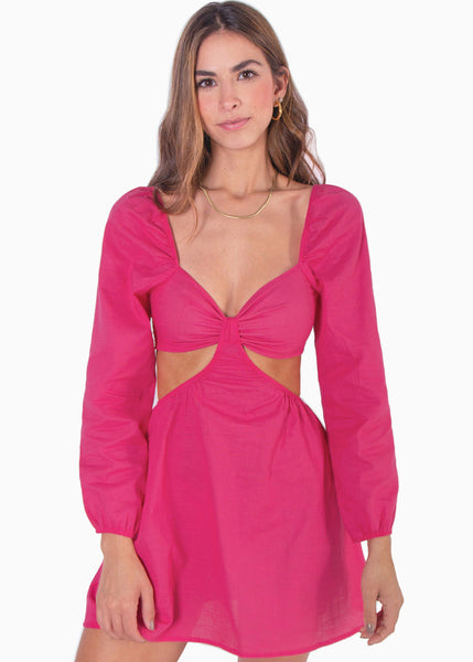 Vestido corto manga larga con cut outs en costados color fucsia, rosado para mujer - Flashy