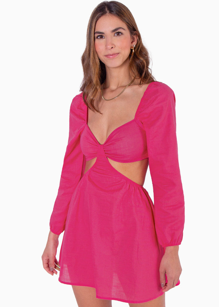 Vestido corto manga larga con cut outs en costados color fucsia, rosado para mujer - Flashy
