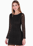 Vestido corto manga larga y de encaje color negro para mujer - Flashy