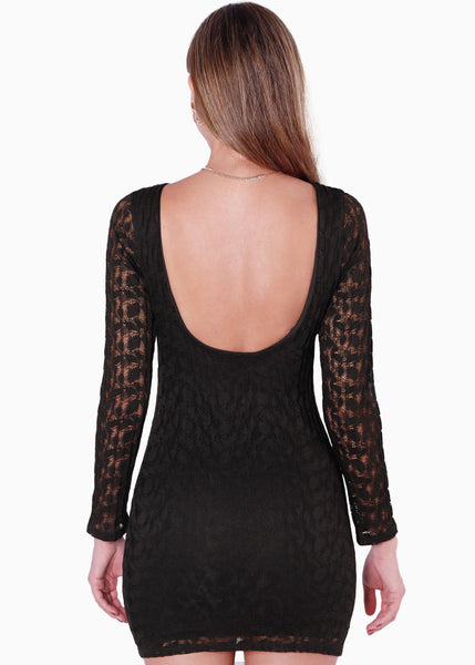 Vestido corto manga larga y de encaje color negro para mujer - Flashy