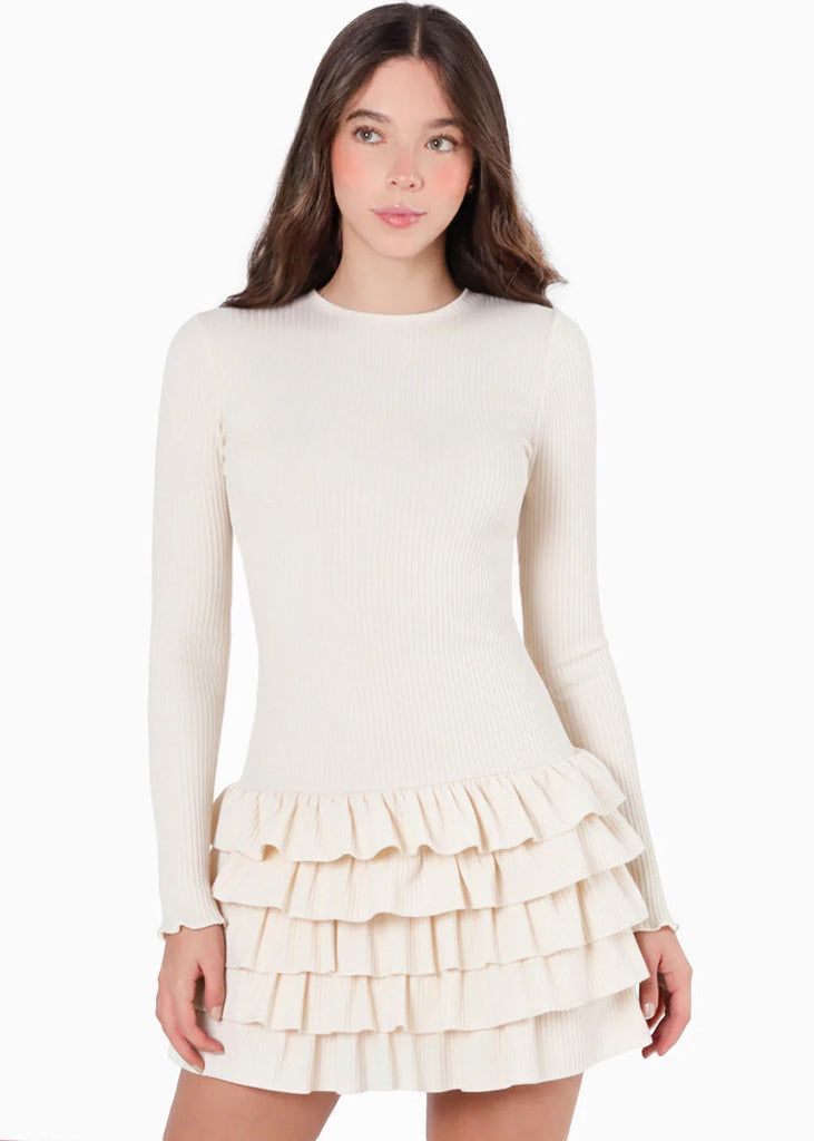 Vestido corto manga larga con boleros - OTOÑO.MARFIL
