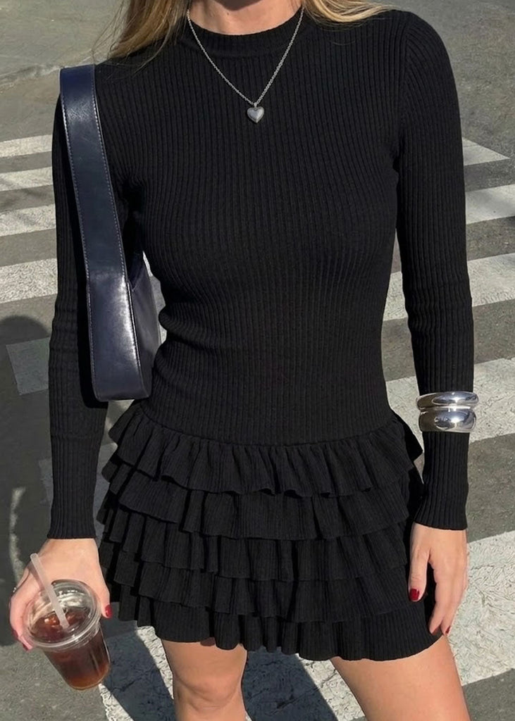 Vestido corto manga larga y falda con boleros - OTOÑO.NEGRO