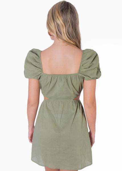 Vestido corto tipo lino manga corta con cut out en costados color verde para mujer - Flashy