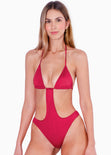 Vestido de baño entero con escote de triángulo y aberturas color rojo para mujer - Flashy