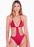 Vestido de baño entero con escote de triángulo y aberturas color rojo para mujer - Flashy