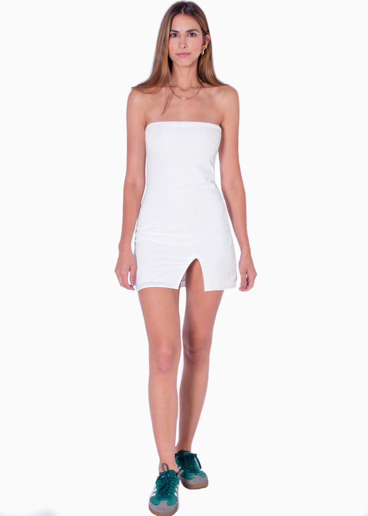 Vestido de lino corto y strapless color marfil para mujer - Flashy