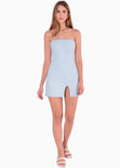 Vestido de lino corto y strapless color azul para mujer - Flashy