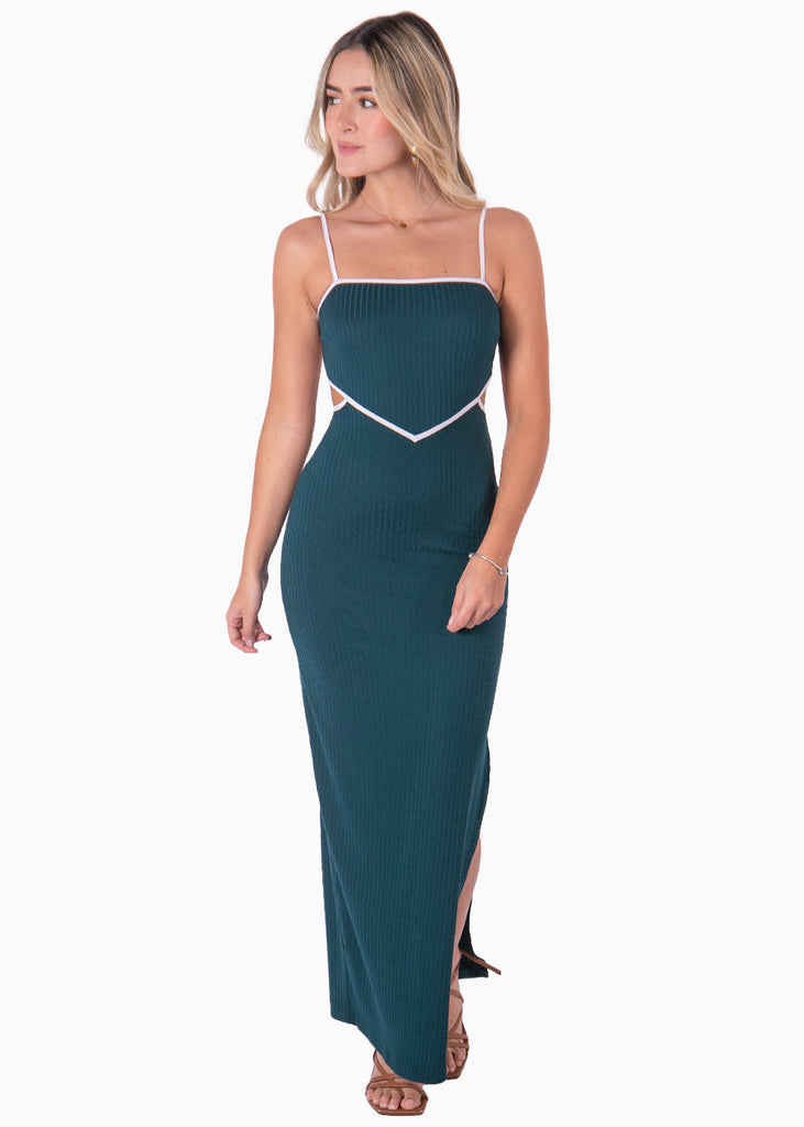 Vestido largo con aberturas en costados color verde para mujer - Flashy