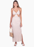 Vestido largo con anudado en escote y aberturas color beige para mujer - Flashy