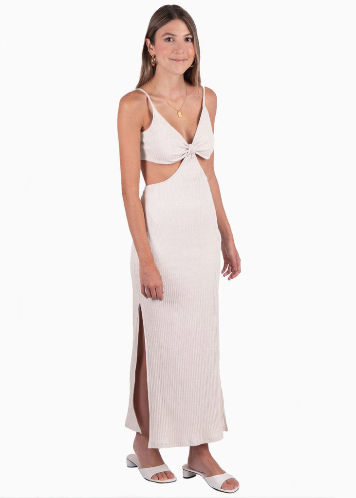 Vestido largo con anudado en escote y aberturas color blanco para mujer - Flashy