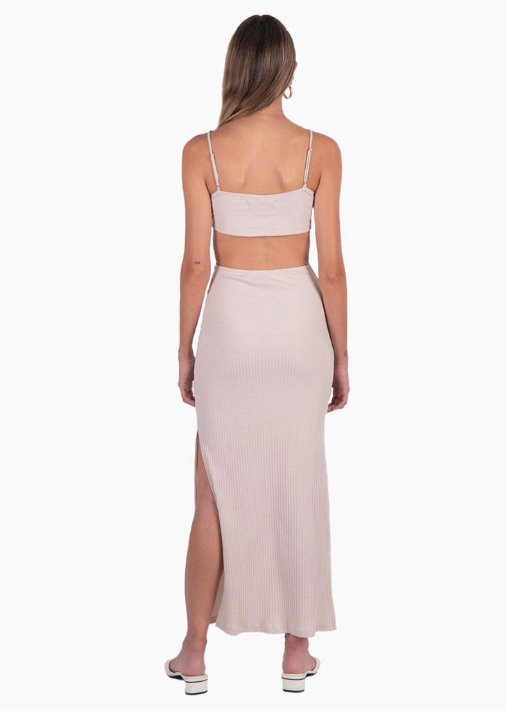 Vestido largo con anudado en escote y aberturas color beige para mujer - Flashy