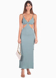 Vestido largo con anudado en escote y aberturas color azul para mujer - Flashy