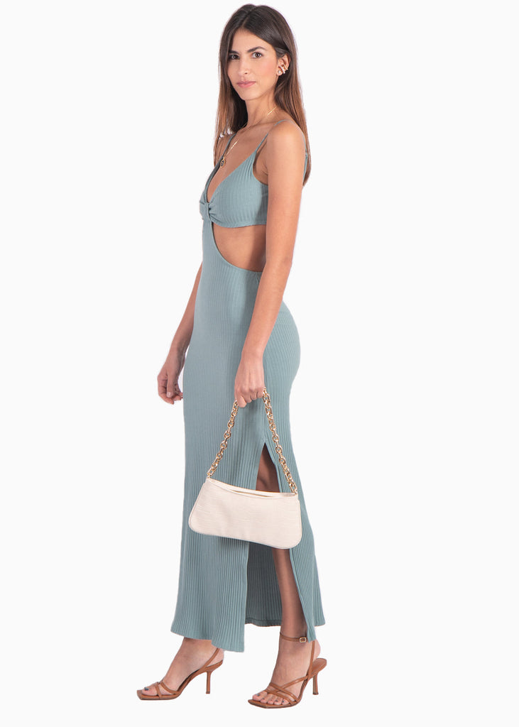 Vestido largo con anudado en escote y aberturas color azul para mujer - Flashy