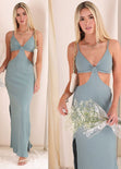 Vestido largo con anudado en escote y aberturas color azul para mujer - Flashy