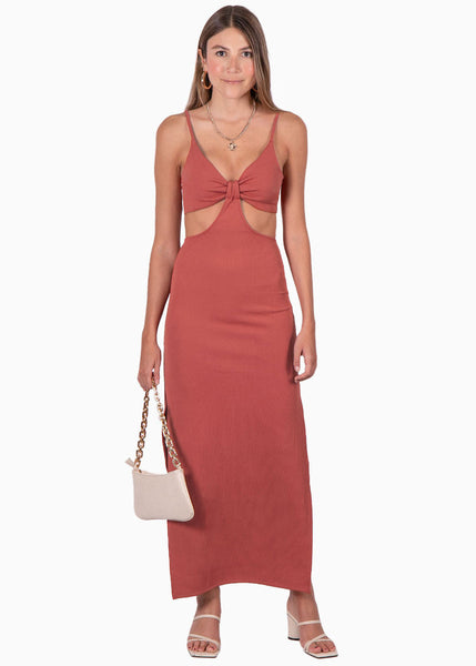 Vestido largo con anudado en escote y aberturas color terracota para mujer - Flashy