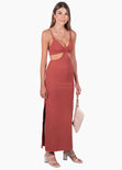 Vestido largo con anudado en escote y aberturas color terracota para mujer - Flashy