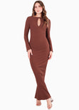 Vestido largo con bolero en mangas y abertura en escote color café para mujer - Flashy