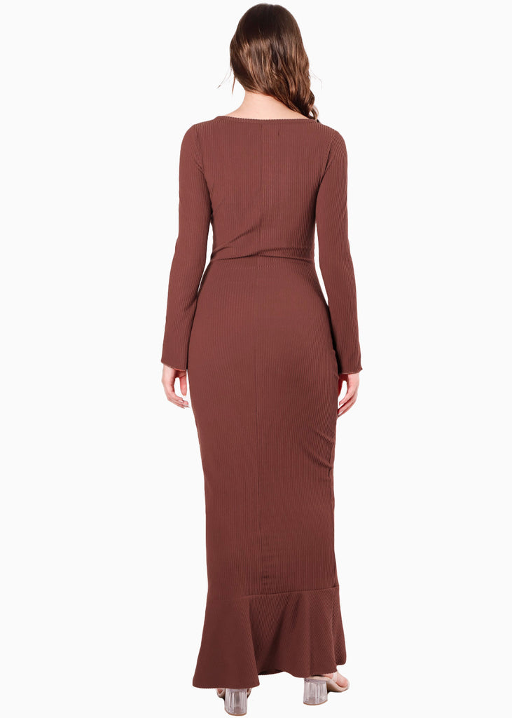 Vestido largo con bolero en mangas y abertura en escote color café para mujer - Flashy