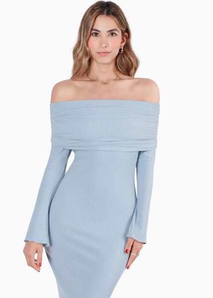 Vestido largo con bolero en mangas y escote bandeja - VALKIRIA.AZUL