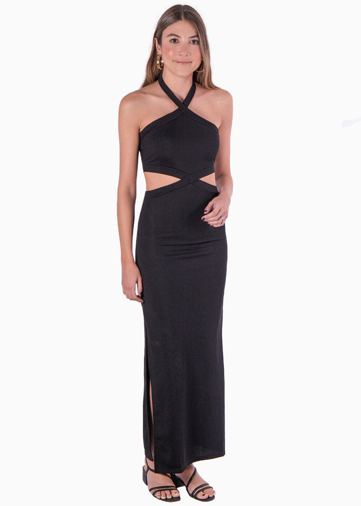 Vestido largo con cuello alto y aberturas en costados color negro para mujer - Flashy