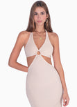 Vestido largo con escote en v y aberturas en costados color beige para mujer - Flashy