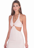 Vestido largo con escote en v y aberturas en costados color beige para mujer - Flashy