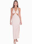 Vestido largo con escote en v y aberturas en costados color beige para mujer - Flashy