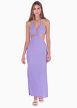 Vestido largo con escote en v y aberturas en costados color lila para mujer - Flashy