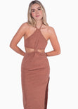 Vestido largo con escote halter y aberturas en costados color café para mujer - Flashy