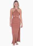 Vestido largo con escote halter y aberturas en costados color café para mujer - Flashy