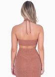 Vestido largo con escote halter y aberturas en costados color café para mujer - Flashy