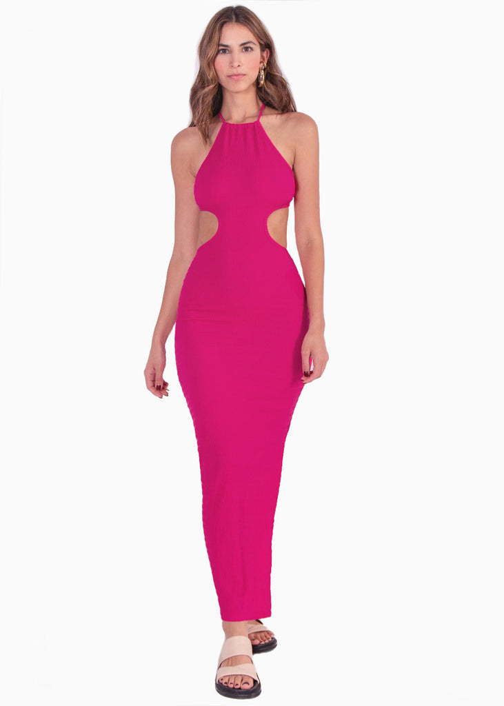 Vestido largo con escote halter y cut out en costados color fucsia, rosado para mujer - Flashy