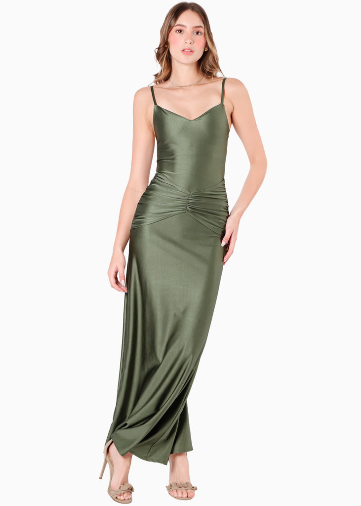 Vestido largo con pieza drapeada en frente color verde para mujer - Flashy
