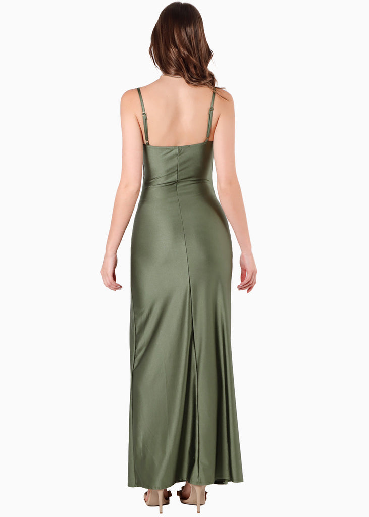 Vestido largo con pieza drapeada en frente color verde para mujer - Flashy