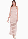 Vestido largo de malla tejida, sin mangas y con cuello halter color beige para mujer - Flashy