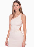 Vestido largo de un solo hombro con abertura en costados color beige, marfil para mujer - Flashy