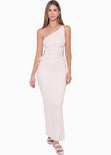 Vestido largo de un solo hombro con abertura en costados color beige, marfil para mujer - Flashy