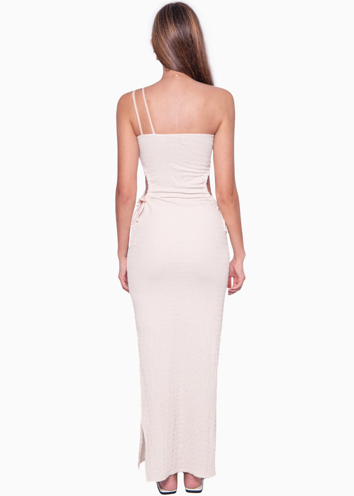 Vestido largo de un solo hombro con abertura en costados color beige, marfil para mujer - Flashy