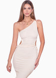 Vestido largo de un solo hombro con abertura en costados color beige, marfil para mujer - Flashy