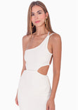 Vestido largo de un solo hombro con cut out en costados color marfil, blanco para mujer - Flashy