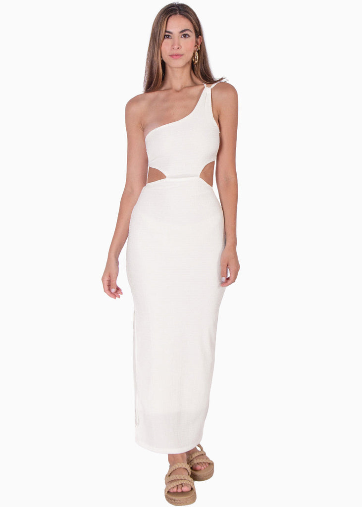 Vestido largo de un solo hombro con cut out en costados color marfil, blanco para mujer - Flashy