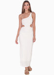 Vestido largo de un solo hombro con cut out en costados color marfil, blanco para mujer - Flashy
