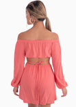 Vestido corto off shoulder con aberturas en costados color rosado para mujer - Flashy