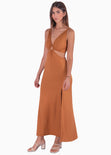 Vestido largo sin mangas y aro en escote color camel para mujer - Flashy
