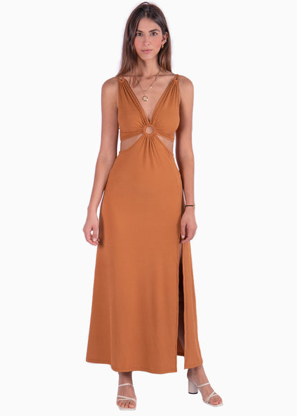 Vestido largo sin mangas y aro en escote color camel para mujer - Flashy