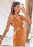 Vestido largo sin mangas y aro en escote color camel para mujer - Flashy