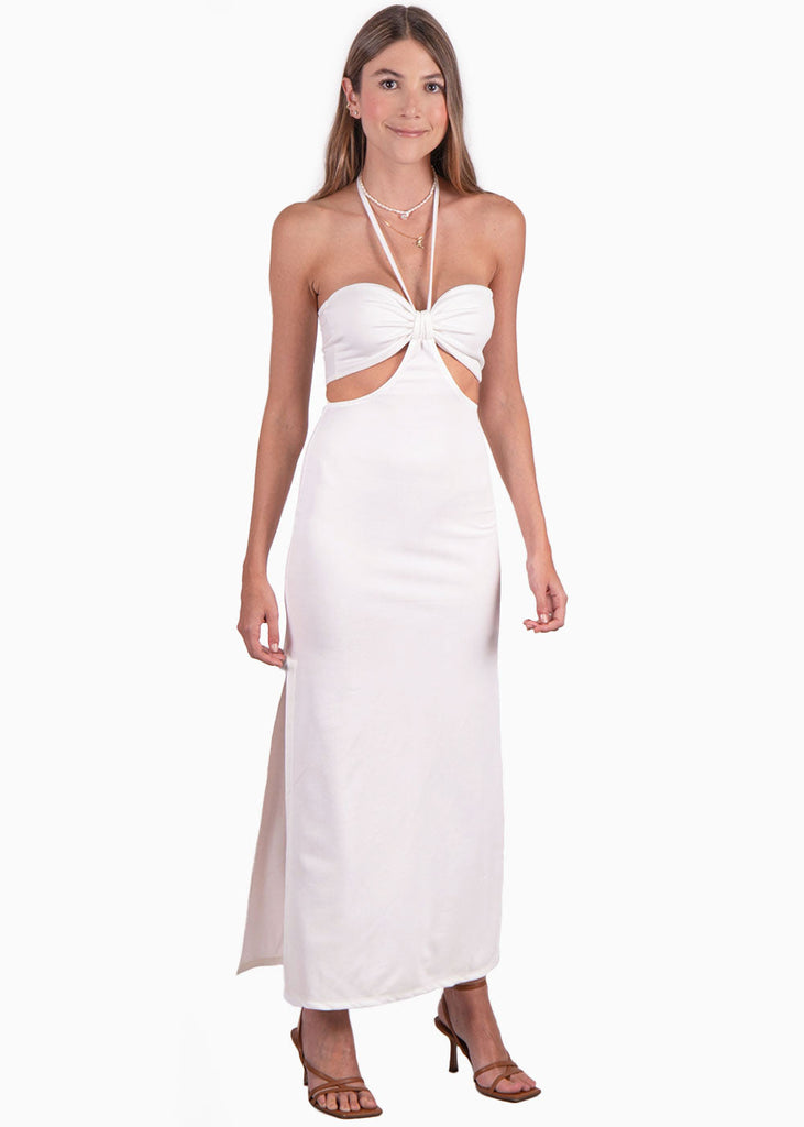 Vestido largo strapless con aberturas en costados color blanco para mujer - Flashy