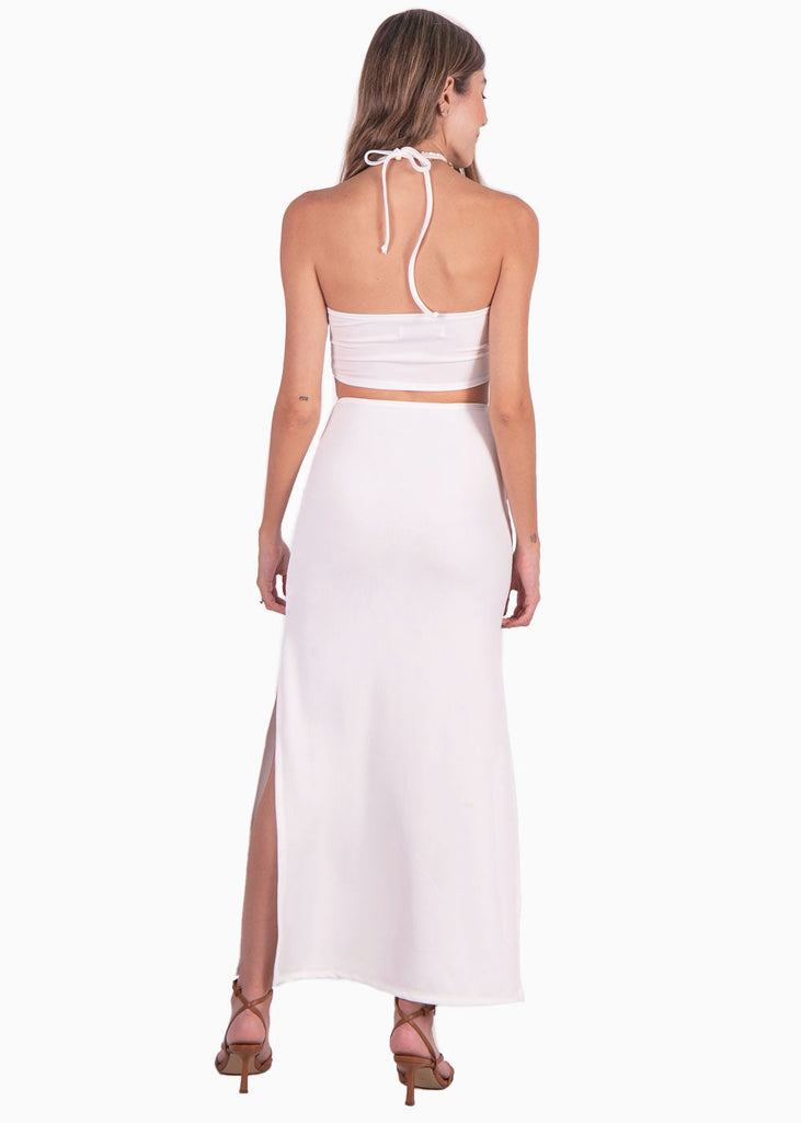 Vestido largo strapless con aberturas en costados color blanco para mujer - Flashy