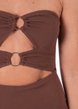 Vestido largo strapless con argollas color café para mujer - Flashy